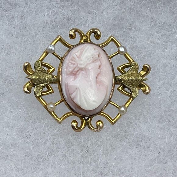 Antique 10K gold real carved cameo Edwardian stamped vintage seed pearls - Picture 1 of 12